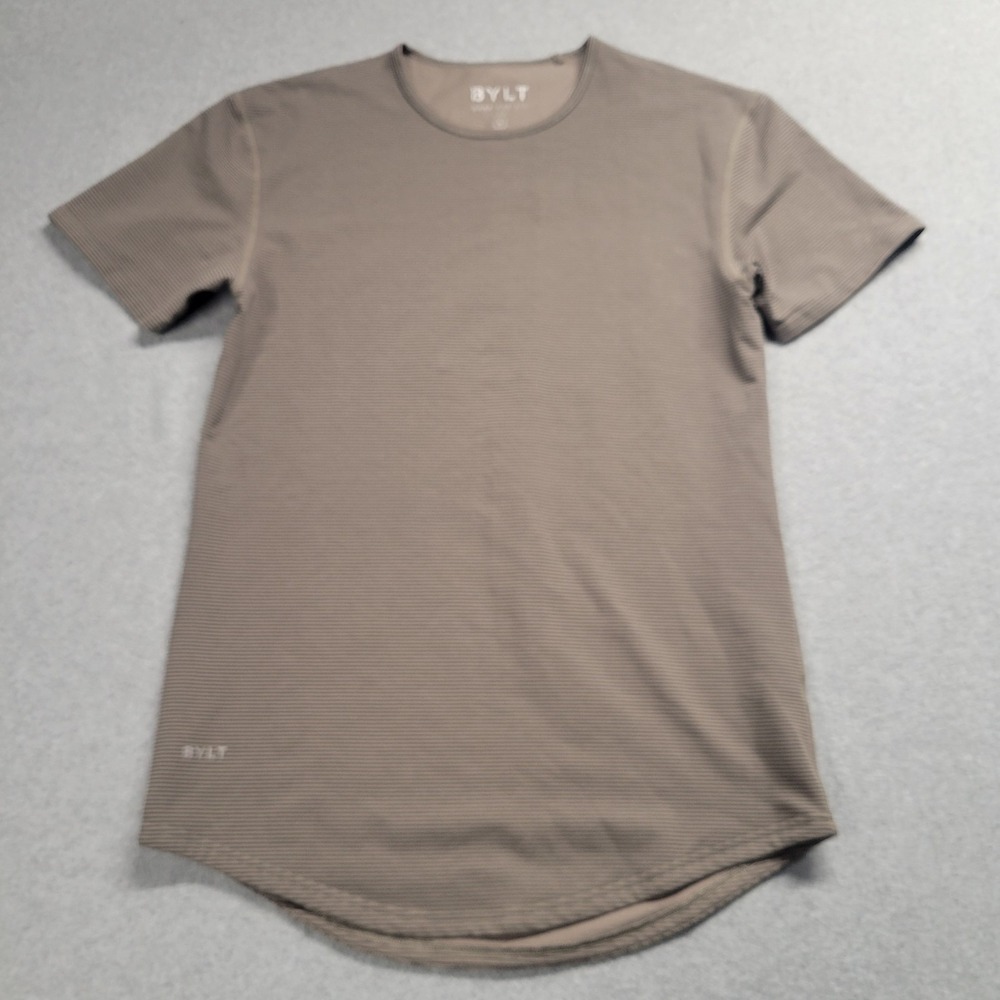 BYLT Drop Cut Lux SS T-Shirt Mens Small Olive Charcoal Striped‎ Curved Hem XDCSS